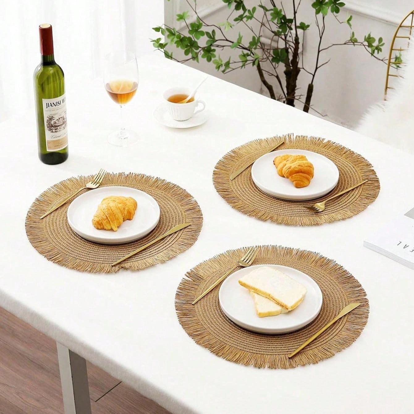 15 Inch Round Paper Braided Fringe Placemats Set, Heat Resistant Table Mats, Hotel Restaurant Decor, Non-Slip Dining Pad, Family Party Use 15 Inch Round Paper Braided Fringe Placemats Set, Heat Resistant Table Mats, Hotel Restaurant Decor, Non-Slip Dining Pad, Family Party Use