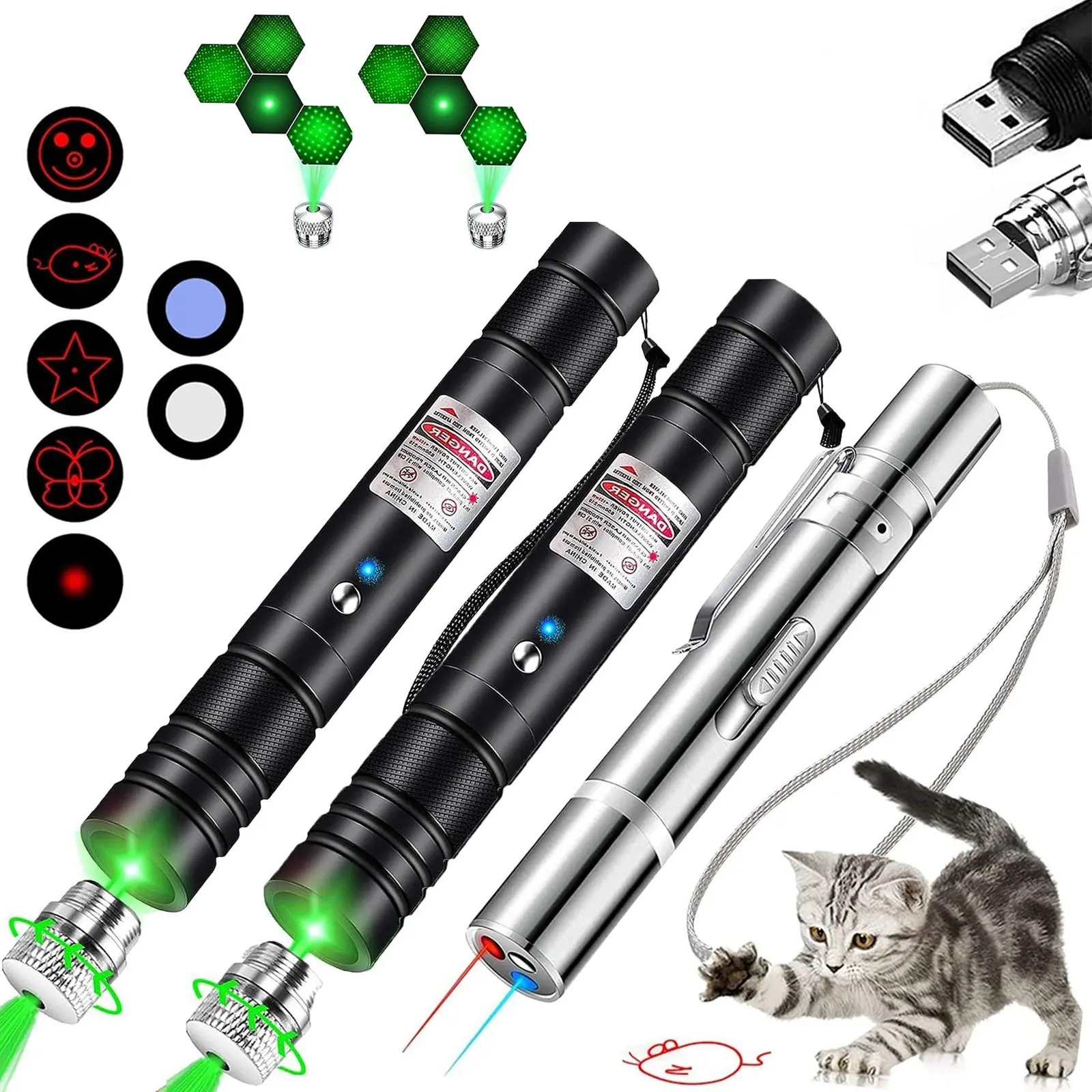 3-Piece USB Rechargeable Pet Laser Toy Set, Silver Color Laser Pointer, Handheld Laser Pen with 5 Adjustable Modes, Training & Fun for Cats & Dogs