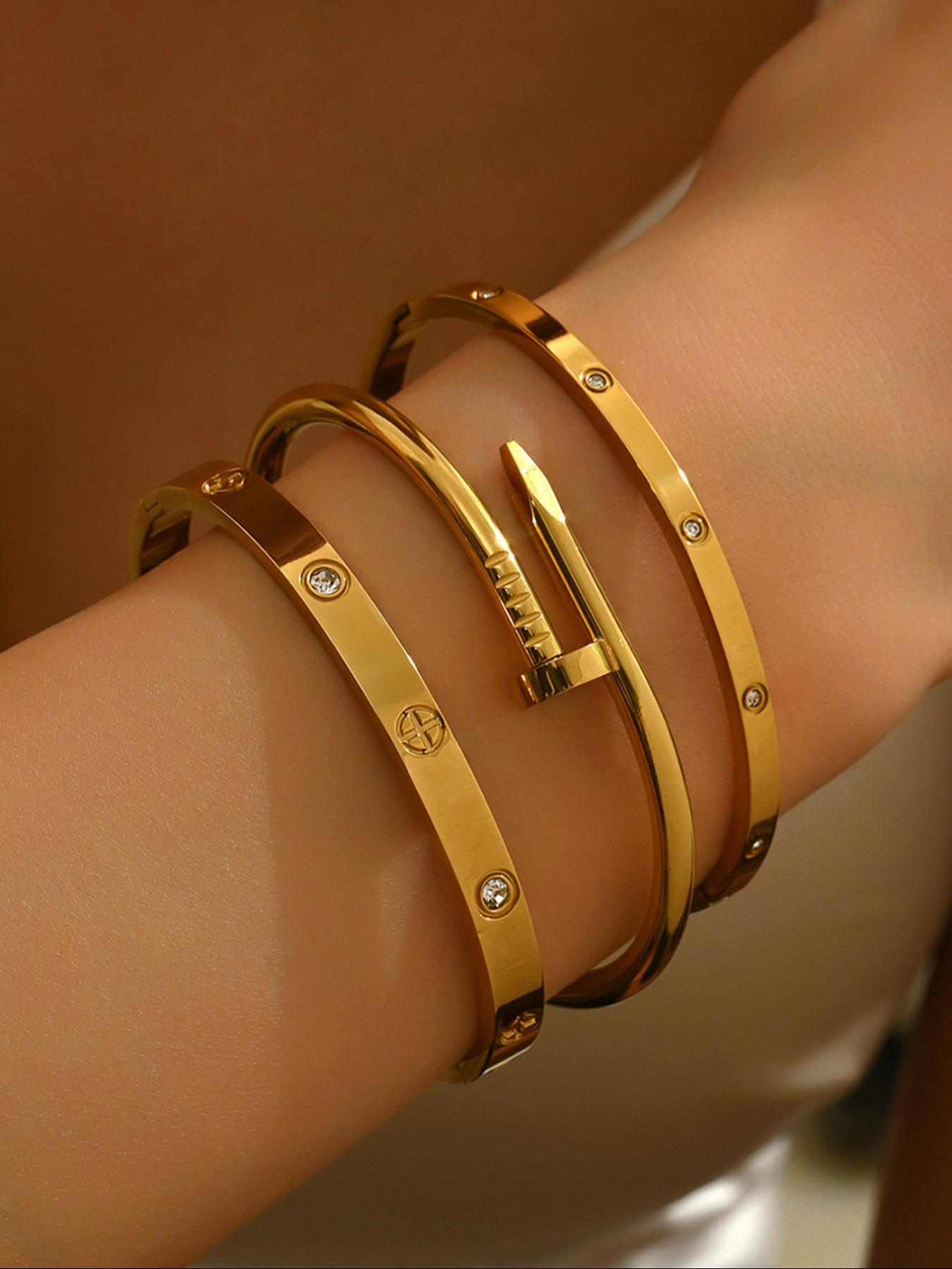 3 Pcs 18K Gold-Plated Stainless Steel High Quality Bracelet, Stackable Bracelets, Luxurious Cubic Zirconia Exquisite Trendy Bracelet, Suitable for Daily Wear and Women's Gatherings, Wedding Jewelry Gifts for Women and Girls