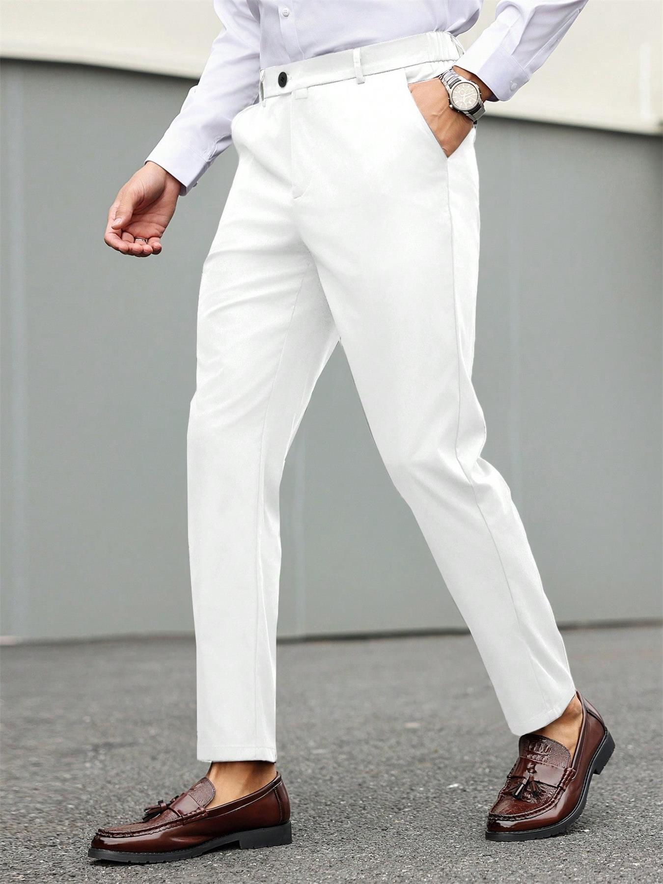 Men's Casual Solid Color Dress Pants Formal, Button Elastic Waist Fall Pants, Business Long Pants for Spring Summer Office Wear Club Wear Going Out Party