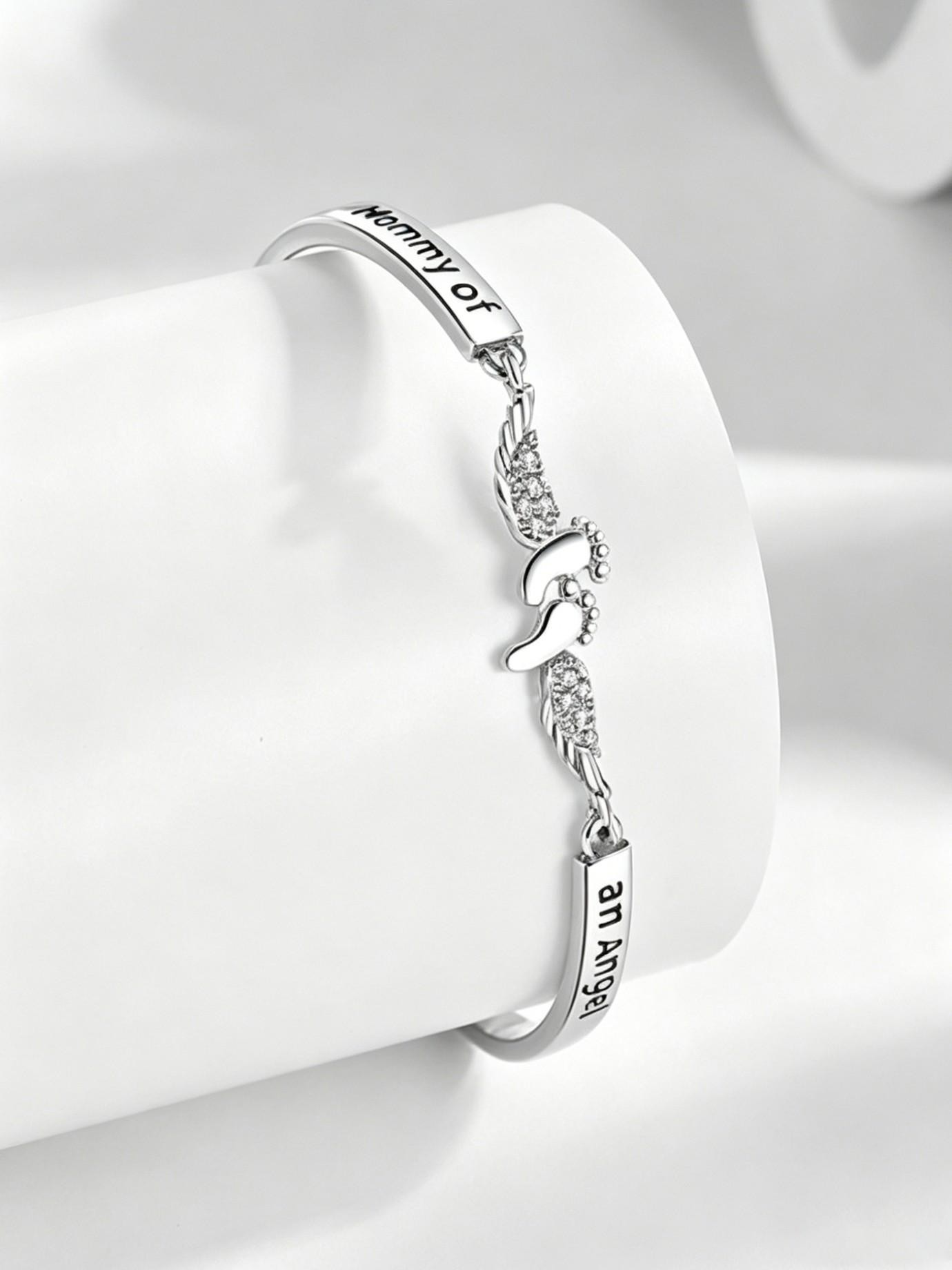 Angel Mom Memorial Jewelry Set, Baby Footprint Wings Bracelet and Ring, Comfort Gift for Loss of Child, Mother's Day Keepsake