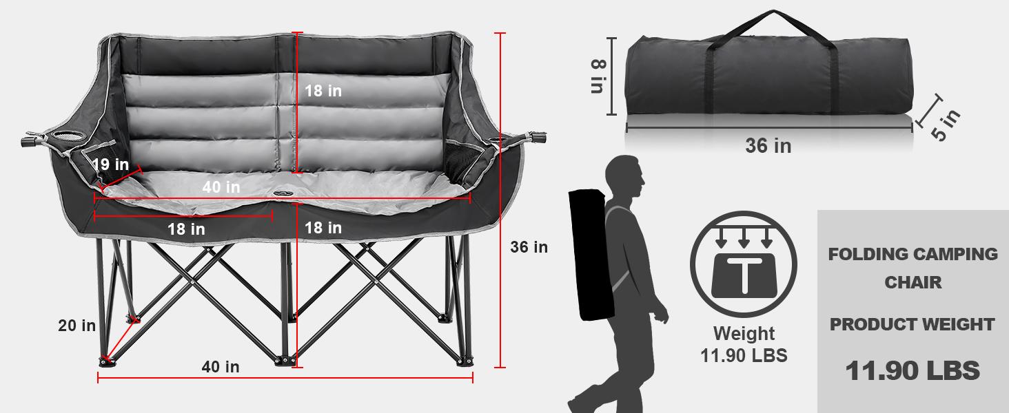 SLSY Oversized Double Camping Chair, Folding 2 Person Camping Chair Loveseat, Fully Padded Duo Chair Camping Couch, Fold Up Double Camp Chair, Lawn Chairs, Camping Bench with Carrying Bag