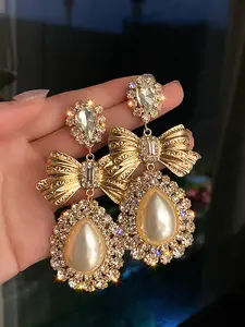 Vintage Bowknot Imitation Pearl Earrings for Women, Elegant Wedding Party Jewelry, All Season Fashion Accessories, pearl bowknot decorated