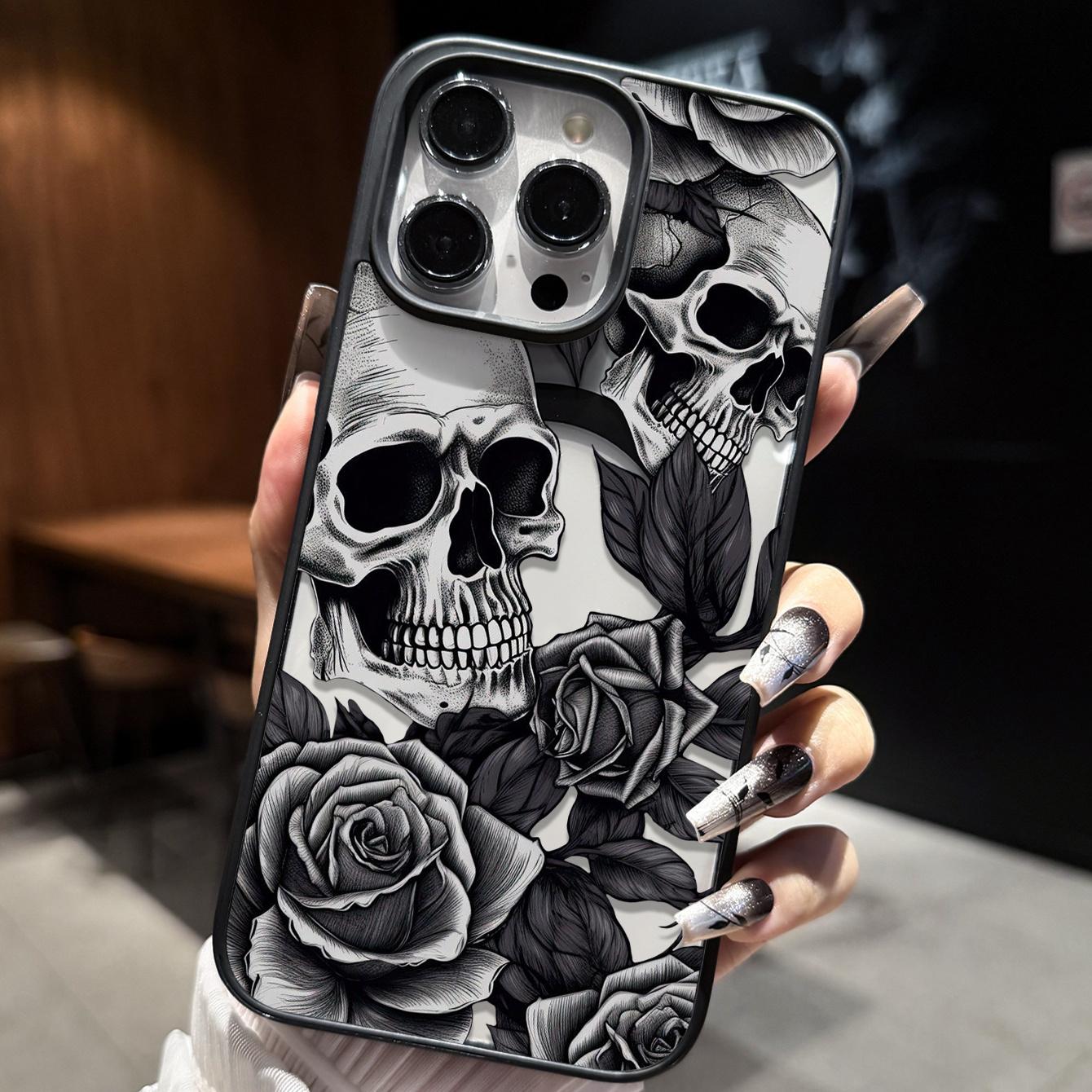 Monochrome Skull Rose Engraving Phone Case, Gothic Tattoo Art Full Coverage for iPhone 17 16 15 14 13 12 11 X Plus Pro Max, Alt Girl Gift
