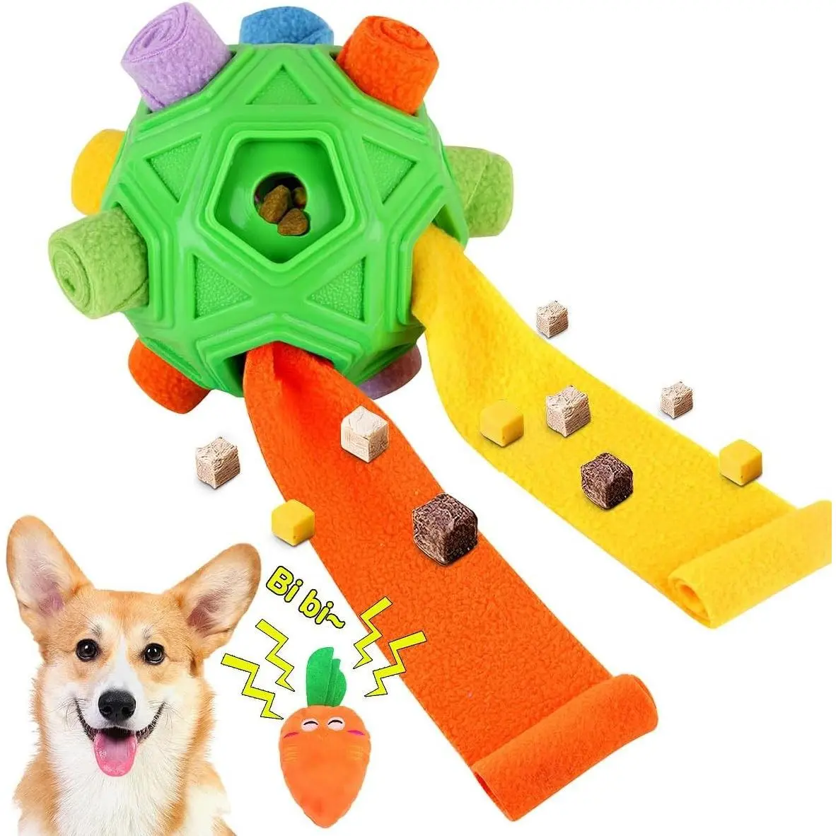 Interactive Puzzle Snuffle Ball - Encourage Natural Foraging Skills, Slow Feeder for Training and Stress Relief, Cloth Strip Hiding Food Toy with Squeaky Carrot for Any SizeGift
