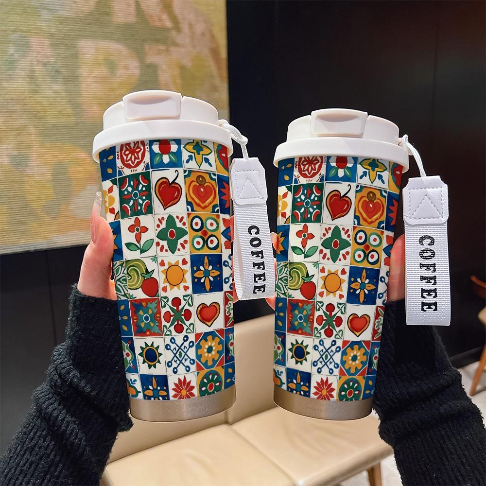 Abstract Grid Pattern Coffee Cup, Portable Dual Drink Insulated Tumbler, Keeps Hot/cold, Stylish, Ideal for Office, Travel, Sports, Golf