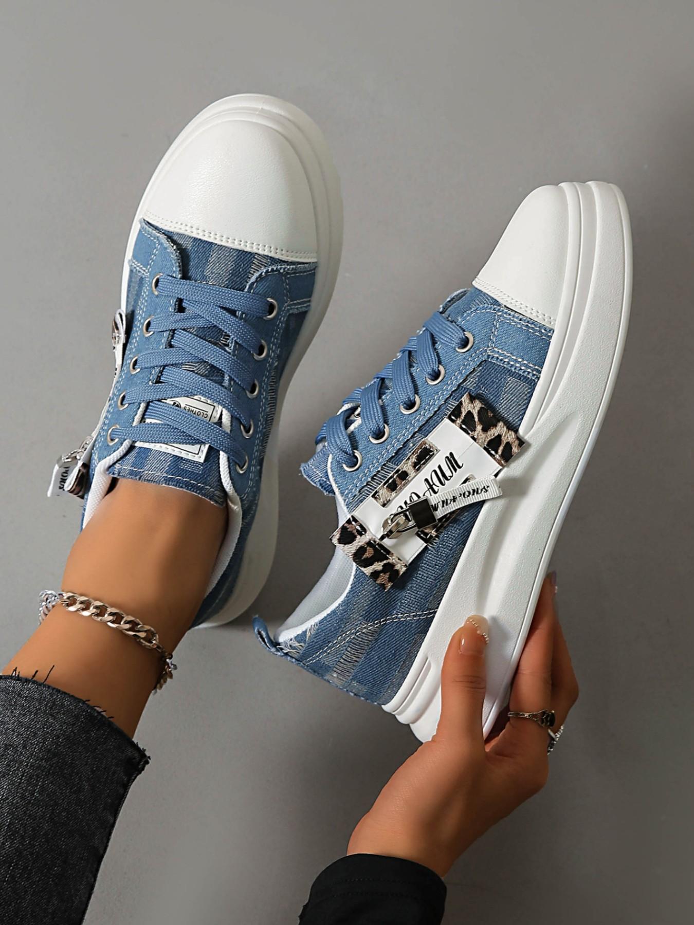 Vintage Denim Thick Sole Sneakers, Trainer, Leopard Print Zipper Decor, Casual Height-Boosting Women's Shoes, Perfect for Students