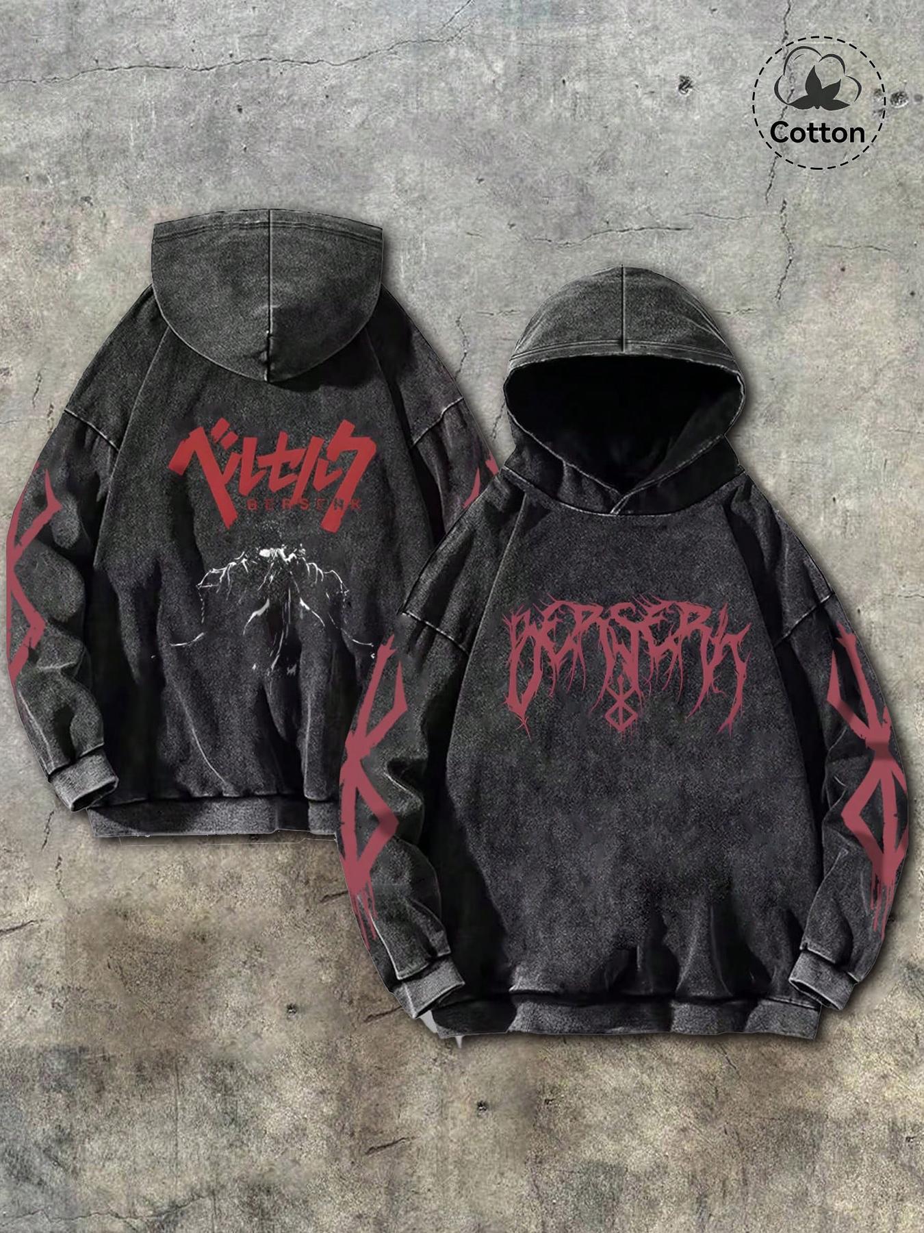 Men's Washed Cotton with Gothic Print, Casual Long Sleeve Pullover, Comfortable and Stylish, Perfect for Daily Wear, Graphic Hoodie