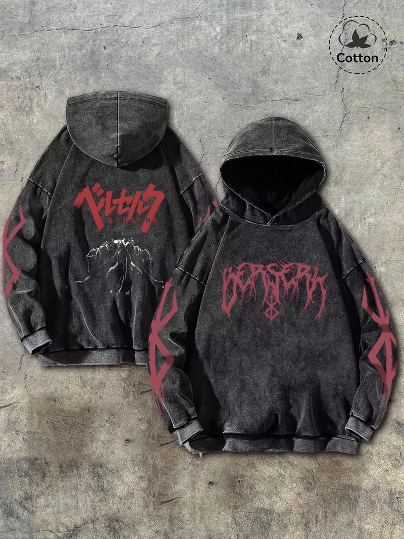 Men's Washed Cotton with Gothic Print, Casual Long Sleeve Pullover, Comfortable and Stylish, Perfect for Daily Wear, Graphic Hoodie