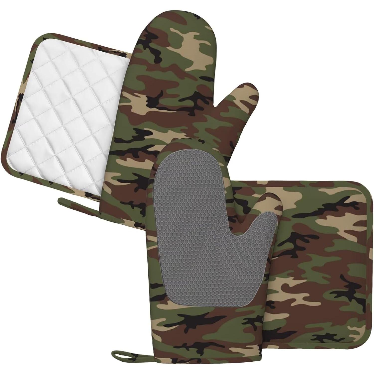 Camouflage Oven Mitts and Pot Holders Set of 4  Camo Kitchen Mitten Gloves and Non-Slip Potholders Set Heat Resistant Oven Gloves Hot Holders for Kitchen
