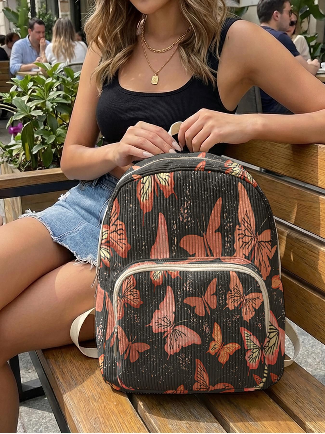1 piece of 2D printed lady's backpack with butterfly print pattern, chenille texture + layered storage + lightweight and easy to carry|Perfect for students to go to class/shopping/short trips|Combines atmosphere with practicality
