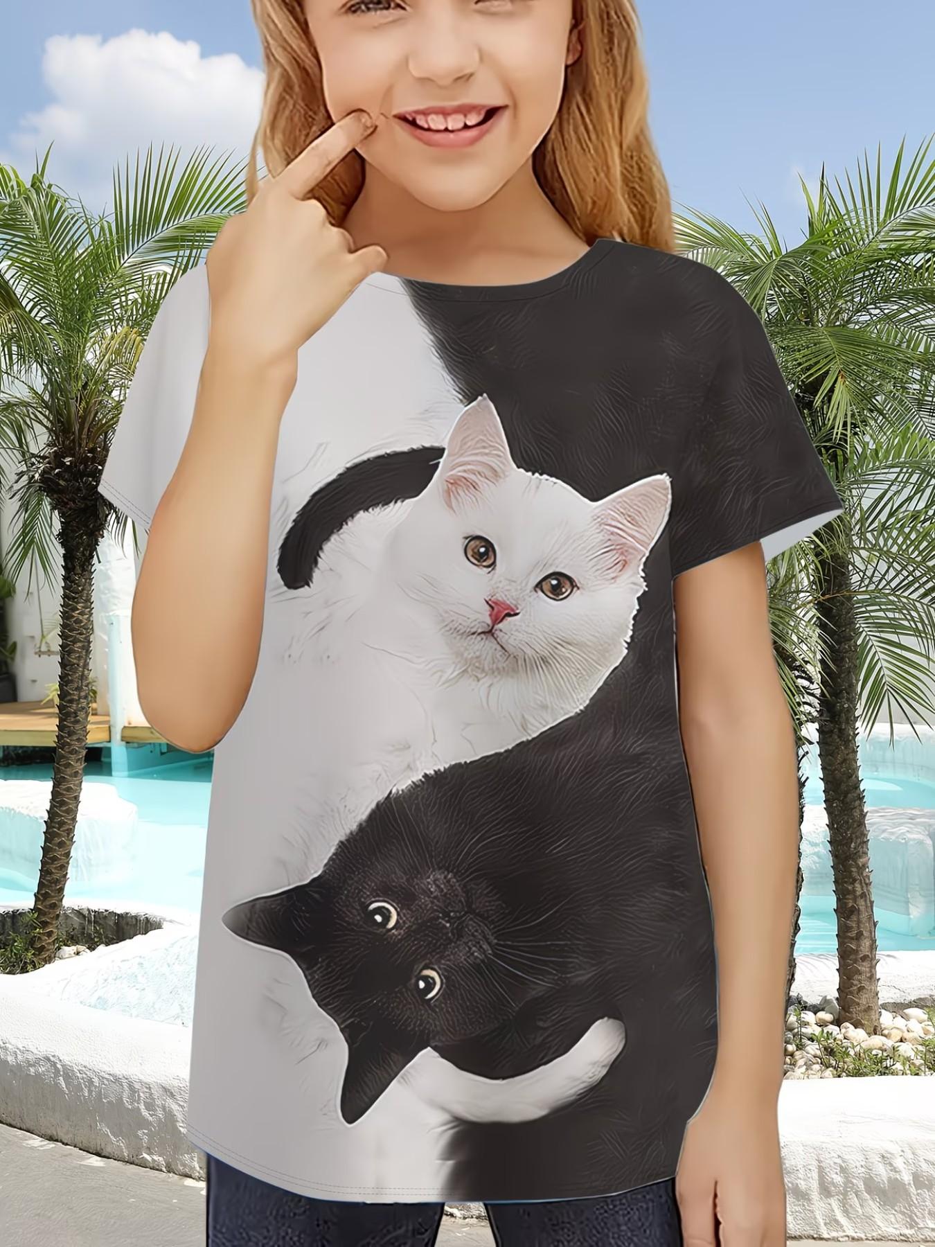 Short Sleeve T-Shirt with Cat Pattern, Cute Graphic Top for Girls, Summer Fashion Casual Loose-Fit Tee