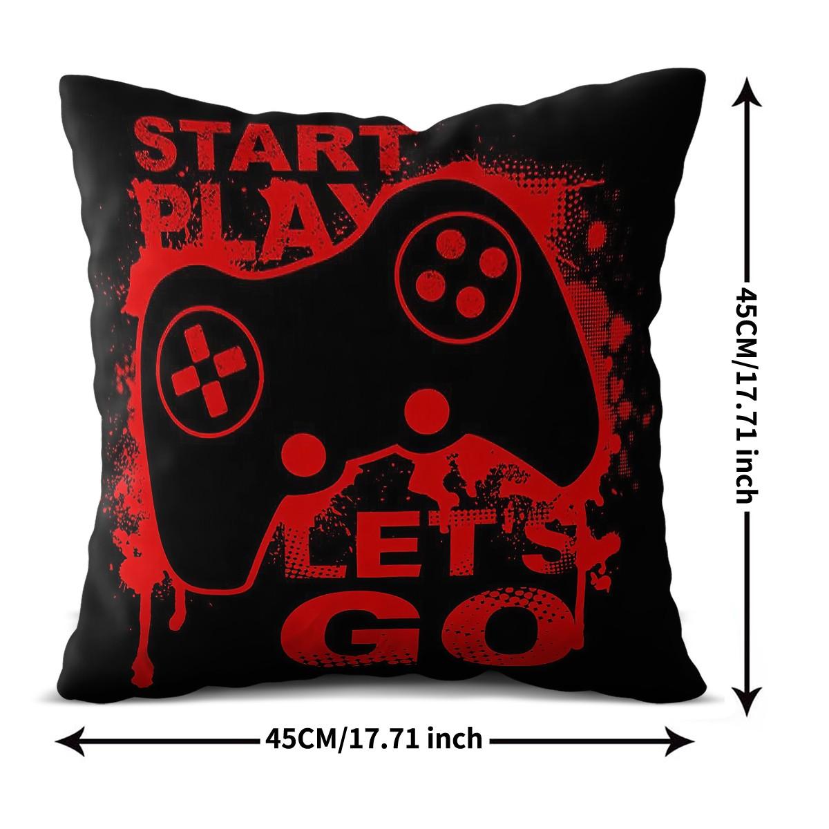 Gamer Theme Throw Pillow,Start Play Let's Go Game Controller Decorative Cushion,Red Black Graffiti Accent Pillow for Gaming Room,Bedroom,Sofa,Couch,Dorm,Includes Pillow Core,Perfect Gamer Gift for Teen Boys & Game Lovers