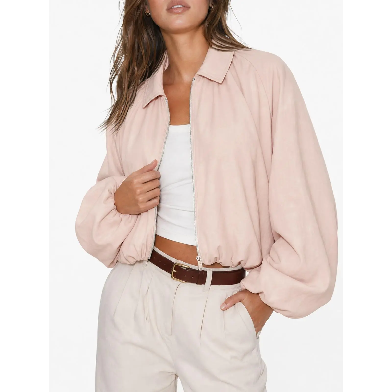 Tankaneo Womens Cropped Bomber Jackets Oversized Puff Long Sleeve Coats Fall Casual Zip Up Pleated Outerwear