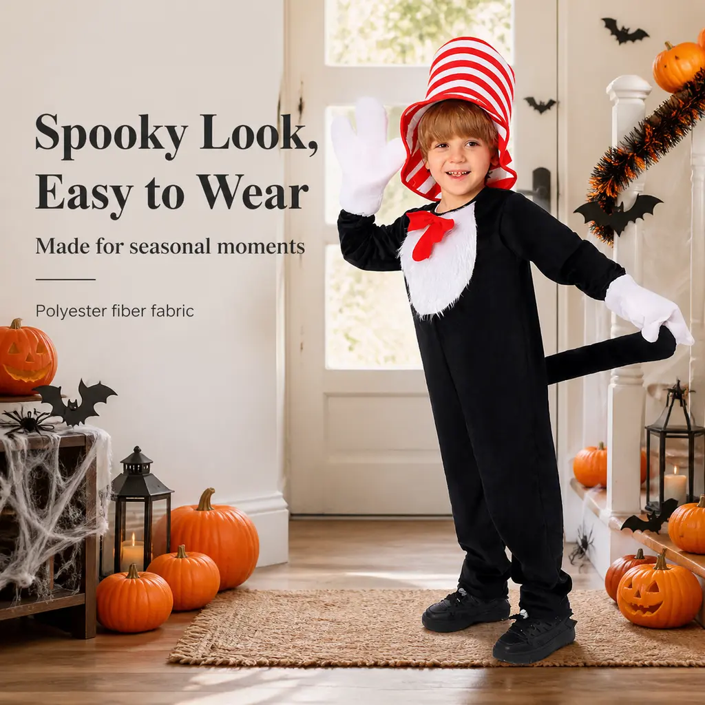 Kids The Cat In The Hat Cosplay Jumpsuit, Complete Book Character Costume With Striped Hat & Gloves For Halloween