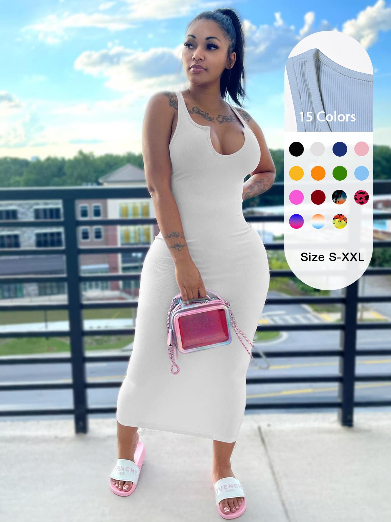 Women's Sexy Plain Notched Neck Bodycon Tank Dress, Casual Basic Minimalist Comfort Long Dress for Lady Party Club Beach, Sleeveless Dresses for Women, Clothing, Lady Casual Wear, Vow Renewal Party Pink Dress, Womenswear, Nightclub, Summer Womenswear