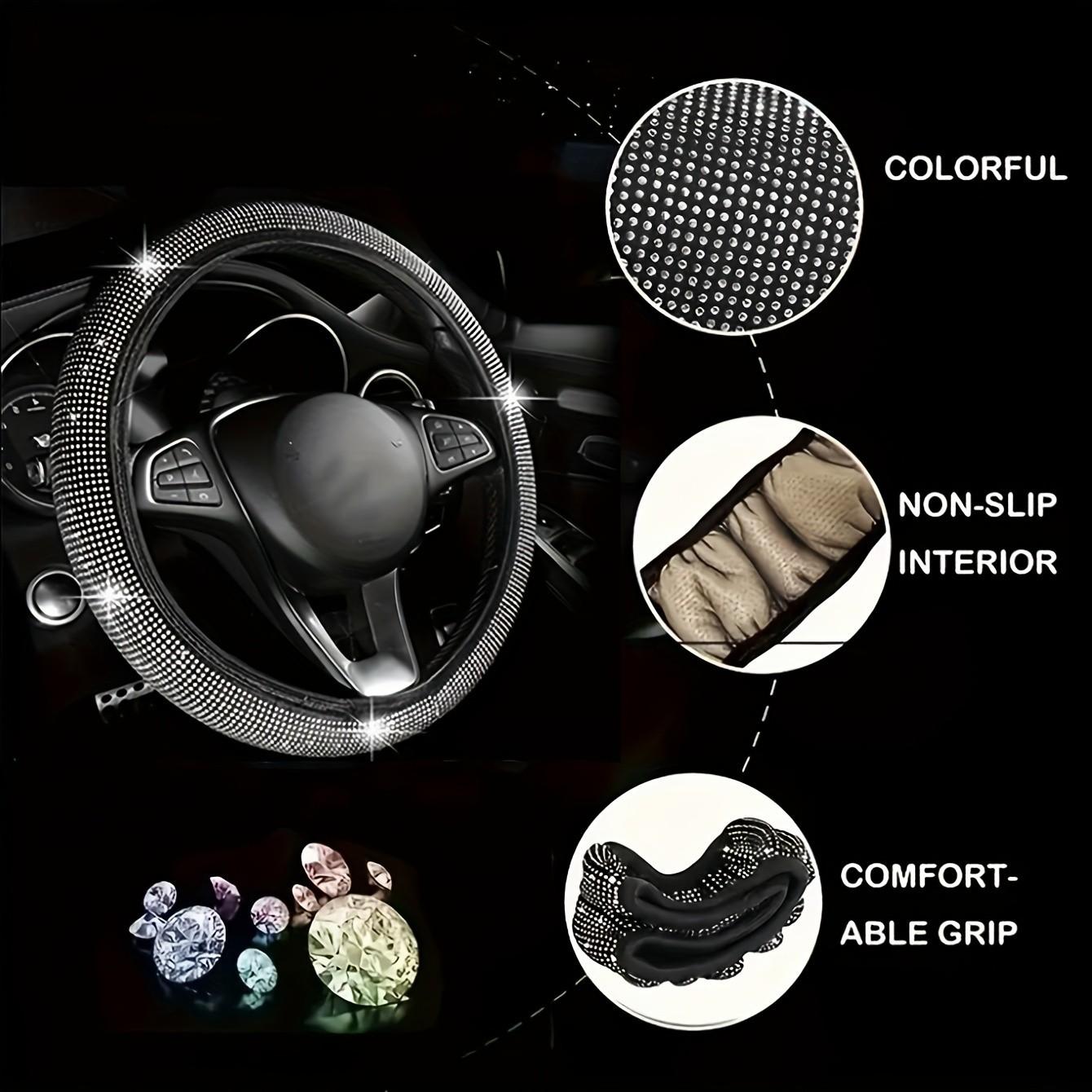 10-Piece Car Interior Set, Bling Car Accessories, Diamond Steering Wheel Covers, Sparkling Rhinestone Seat Belt Clips, Gear Shift Cover, Cup Mat, Fits Most Cars