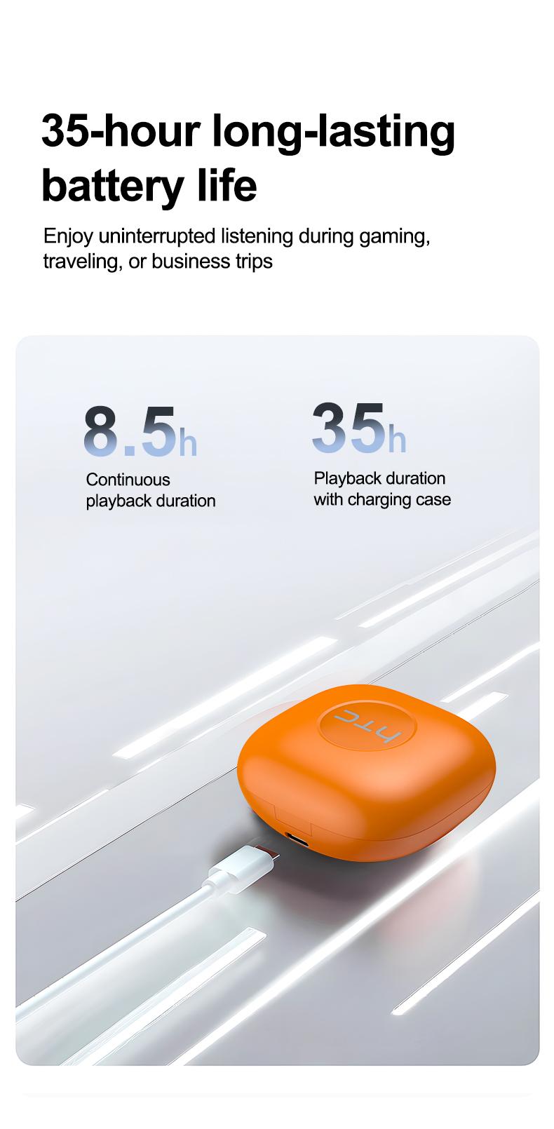 HTC NE63 Wireless Earphones, Bluetooth 6.0, low latency gaming, Hi-Fi sound quality, panoramic sound effect, noise cancellation, and high-definition calls. Suitable for studying, meetings, gaming, and sports