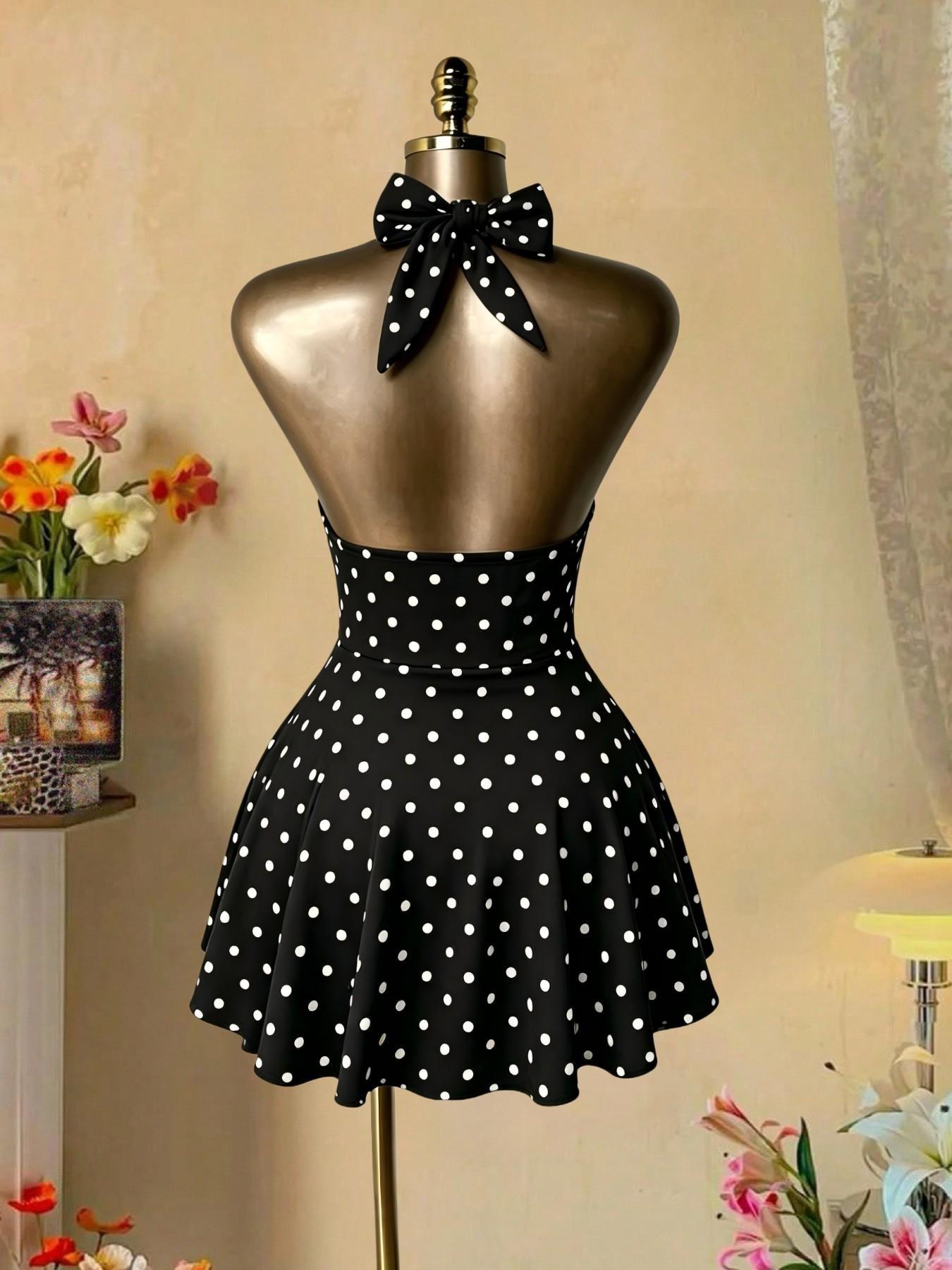 Sexy Halter Deep V Neck Hollow Out A-Line Dress, Summer Streetwear Short Dress, Trendy Single Piece, Graphic, Perfect for Casual, Chic Casual Outfits
