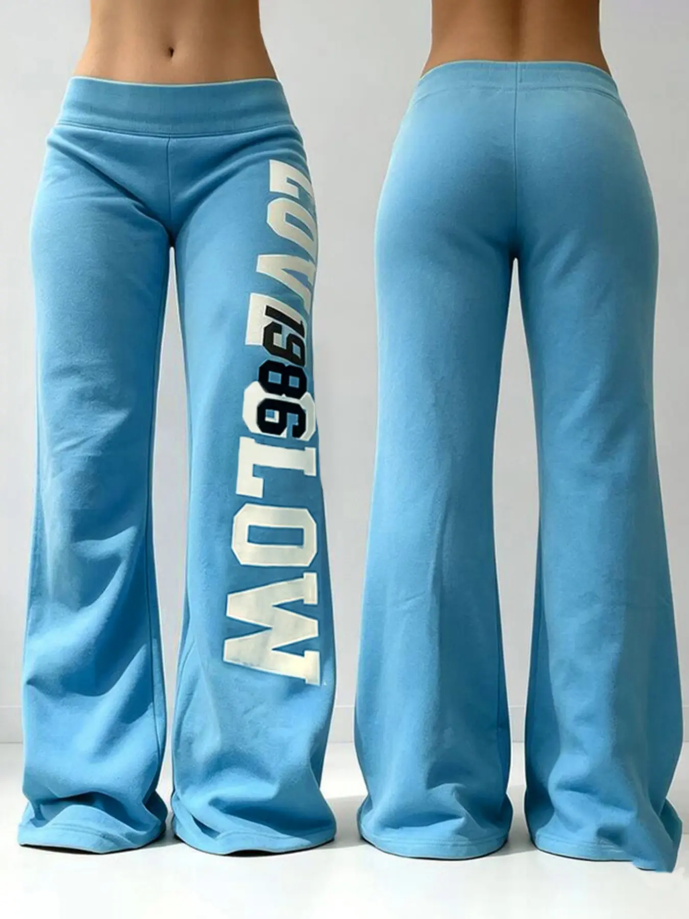 Women's Light Blue Letter Graphic Print Elastic High-Waist Flared Sweatpants, Y2K Casual Bootcut Trousers Women's Light Blue Letter Graphic Print Elastic High-Waist Flared Sweatpants, Y2K Casual Bootcut Trousers