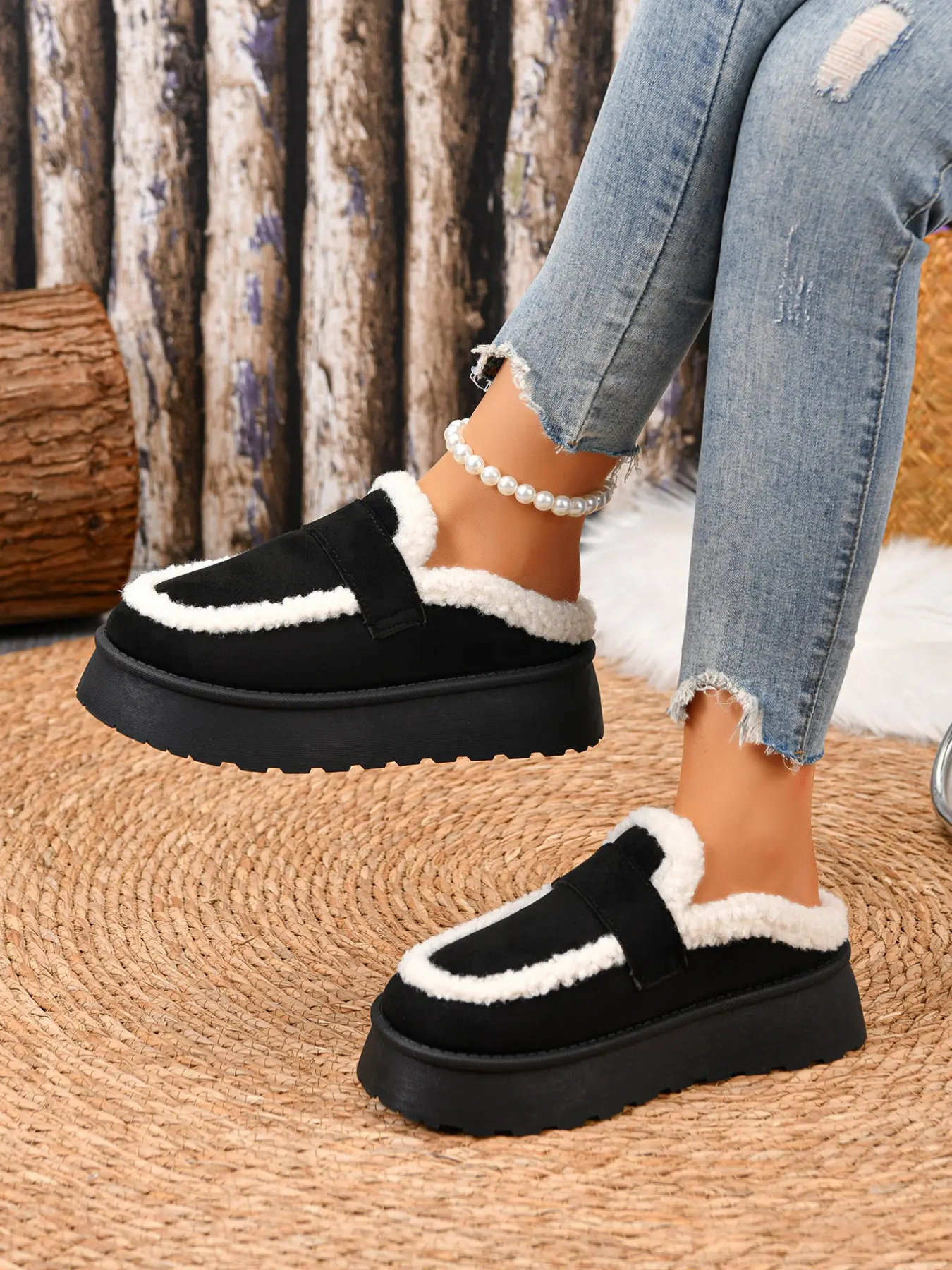 Women's Winter Platform Mule Clogs, Faux Suede Upper Curly Fleece Trim Plush Lining Slip-On Closed-Toe Chunky Thick Sole Slipper Shoes, Stylish Ladies Footwear For Home Relaxation Daily Errands Neighborhood Strolls Casual Weekend Outings
