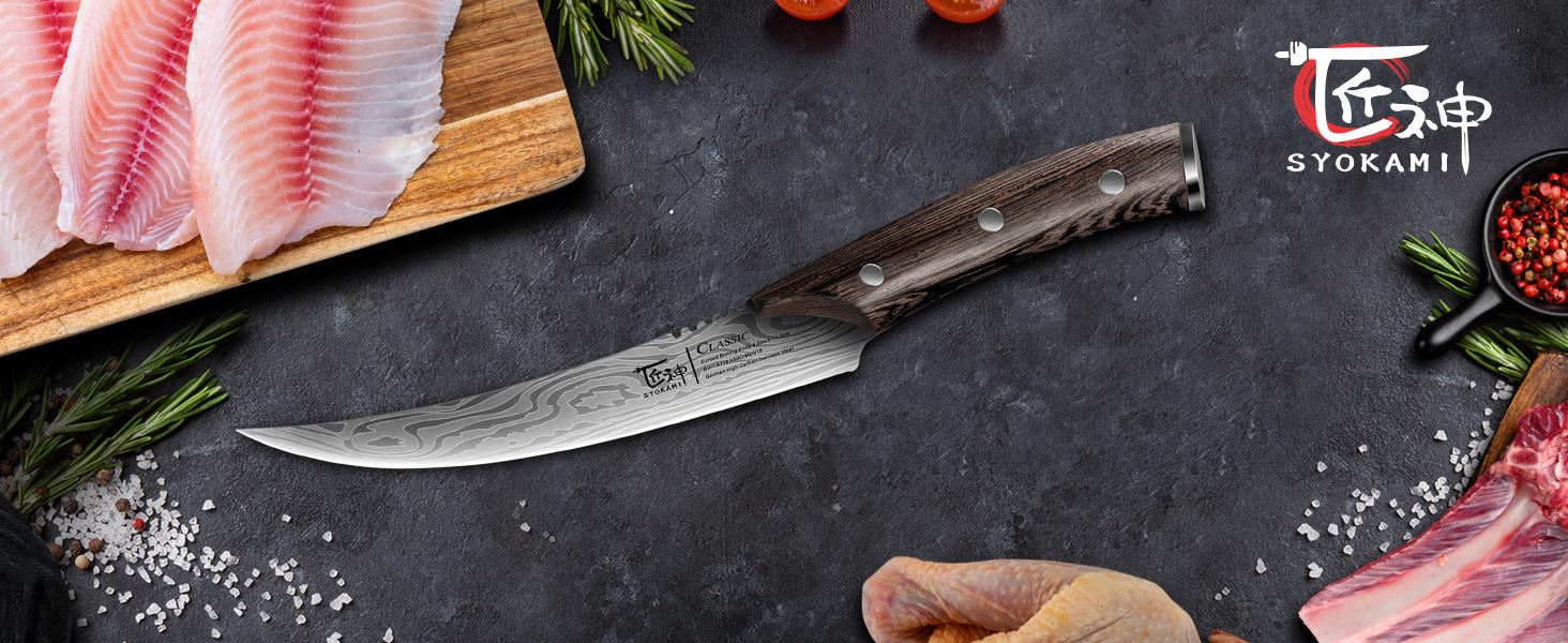 【TikTokShopSpringGlowUp】 SYOKAMI Boning Knife for Meat Cutting, 6.5 Inch Fish Fillet Knife with Wood Handle, High Carbon Razor Sharp Curved Blade Deboning Knife with Exquisite Box Ideal for Thanksgiving, Christmas Mother's Day Gift
