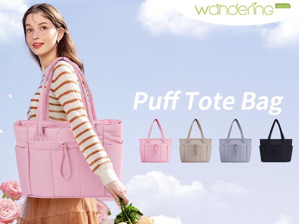 Wandering Nature Puffer Tote Bag for Women – Quilted Laptop Shoulder Bag with Cup Holder, Trolley Sleeve, and Multiple Compartments, Lightweight Travel & Work Nurse Bag