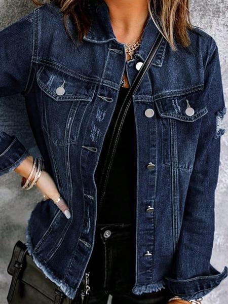 Women's Fall Winter Washed Denim Jacket Coat, Vintage Ripped Long Sleeve Jacket, Casual Autumn Winter Outerwear