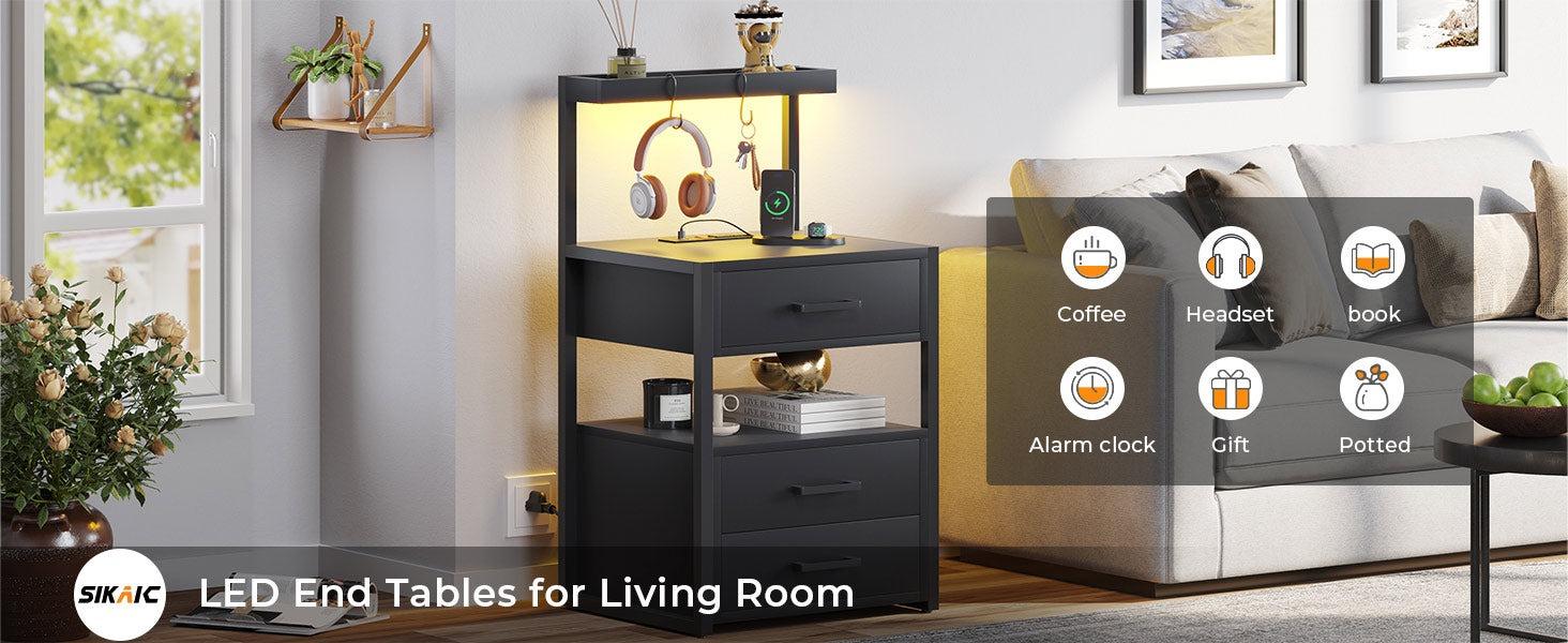 Sikaic LED Nightstand With Charging Station 2 USB Ports And 2 AC Outlets And 3 Drawers Open Storage Led Nightstand Shelf Modern Desk Bedroom Set Bedside Cabinet Lighted Vanity Table End Table