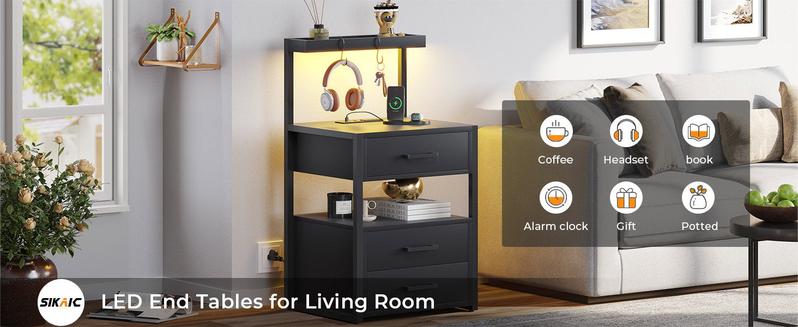 Sikaic LED Nightstand With Charging Station 2 USB Ports And 2 AC Outlets And 3 Drawers Open Storage Led Nightstand Shelf Modern Desk Bedroom Set Bedside Cabinet Lighted Vanity Table End Table