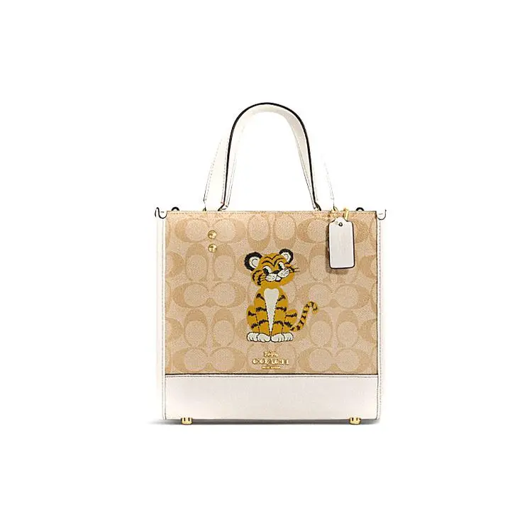COACH Dempsey 22 Tote Bag for Women – Classic Monogram Tiger Print Coated Canvas and Leather, Khaki and White