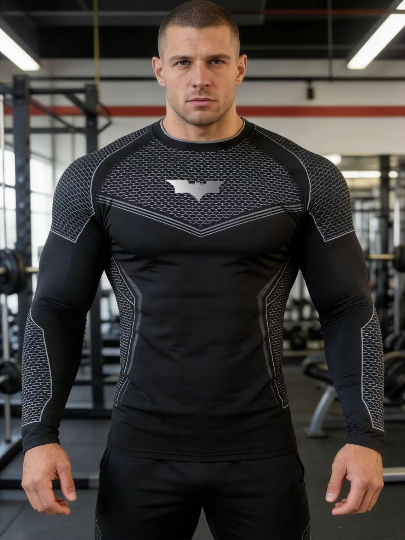 Men's Batman Sports Long Sleeve High Stretch Quick-Dry Fitness Tight Fit Running Ironing Essential, Sporty Style, All over Print, High Performance Activewear, Gym Athletic Clothes, Athletic Tops