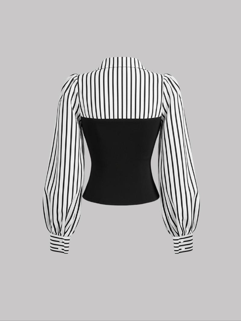 Women's Fall New Simple Style Bubble Sleeve Lapel Striped Colorblock Fitted Top Elastic Waist Loose Long Pants Set