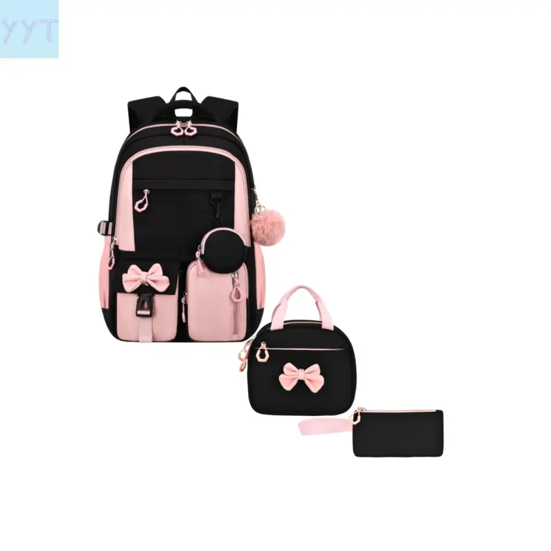 YYT1 Girls' Cute Bow Motif 3-Piece Backpack Set - 18" Large Capacity Nylon Blend Multi-Pocket School Backpack with Lunch Box, Prop 65 Safe, Ideal for Middle School Students