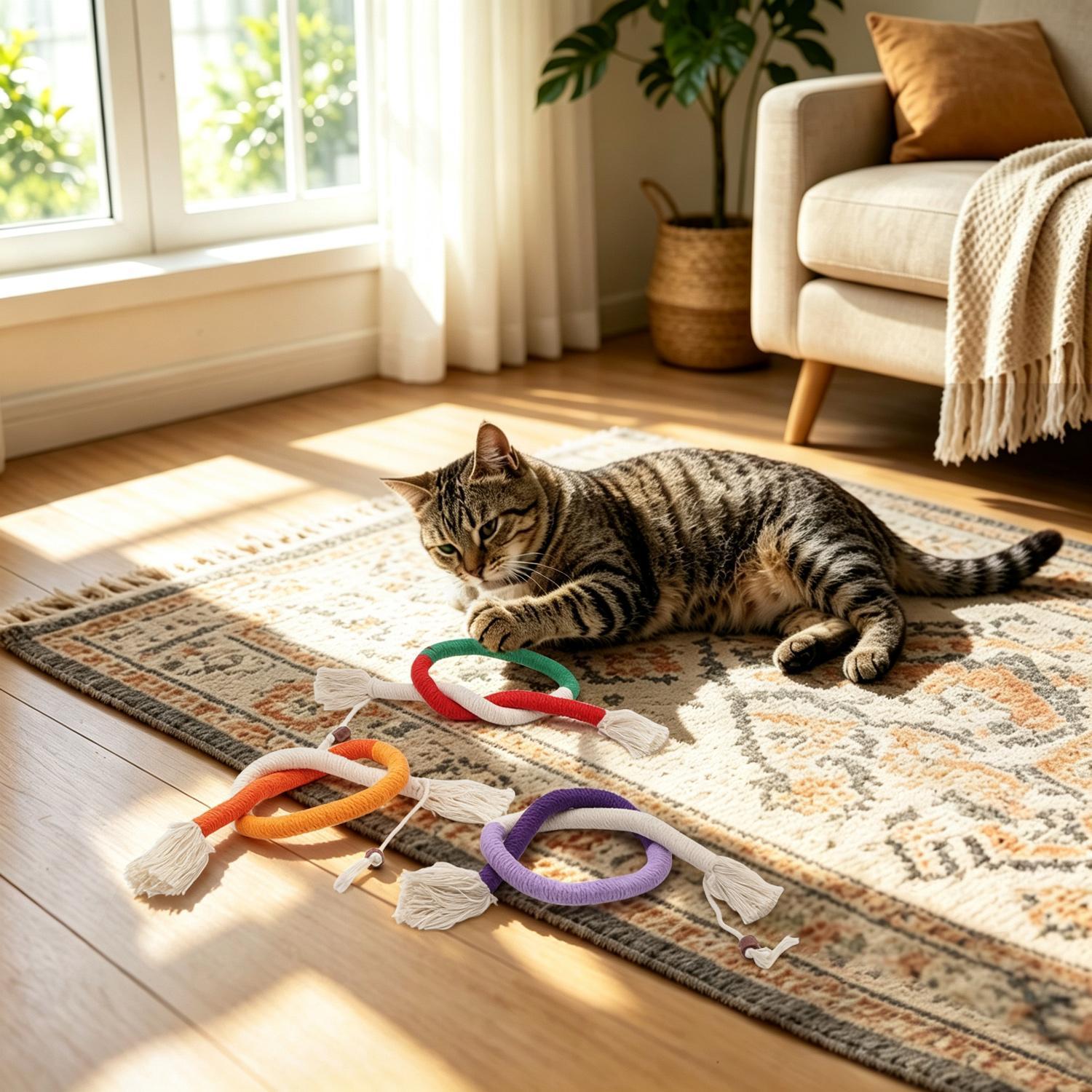 Cat Toys Chew Ropes 3Pcs, Safe Teeth Cleaning Toy for Indoor Kittens, Calming Interactive Kitty Toys