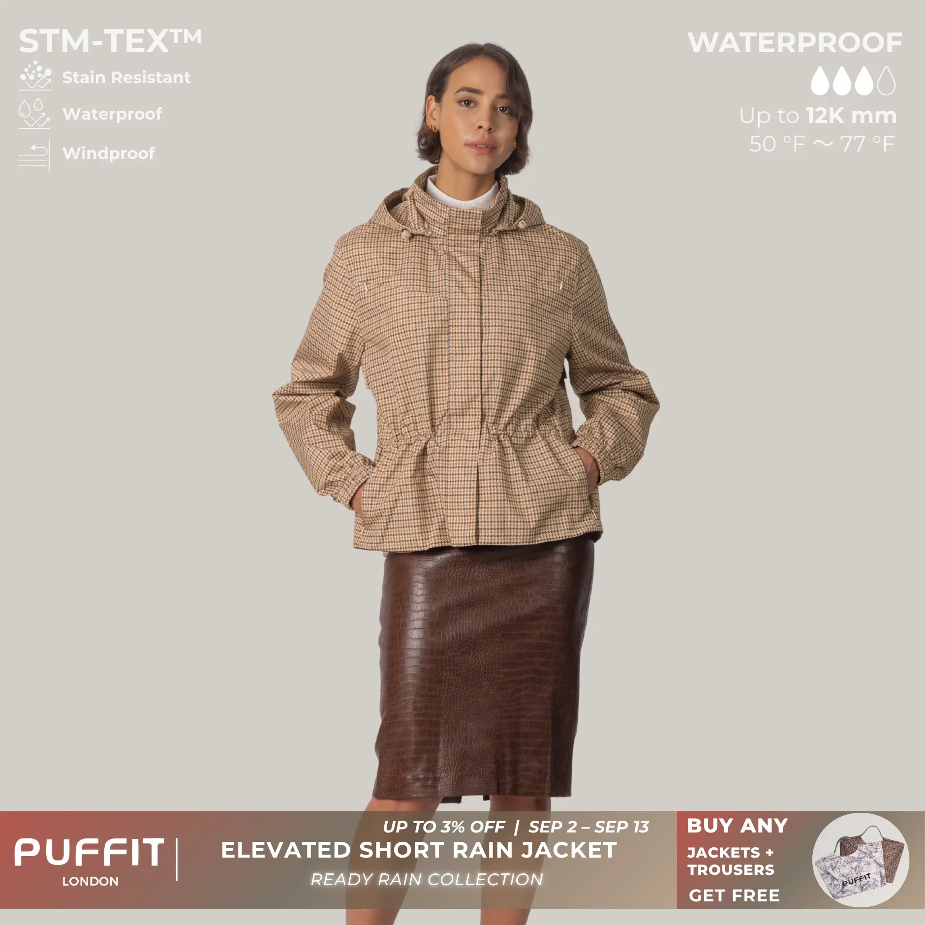 PUFFIT STM-TEX Elevated Short Detachable-hood Rain Jacket With Drawstring Waist,Breathable Eyelets & Multi-Pocket Design,Waterproof,Stain-Resistant,Windproof,Outerwear,Outdoor,Sport,Dog Walking,Windbreaker,Womenswear,Fall & Winter Jacket,2026 Shopping