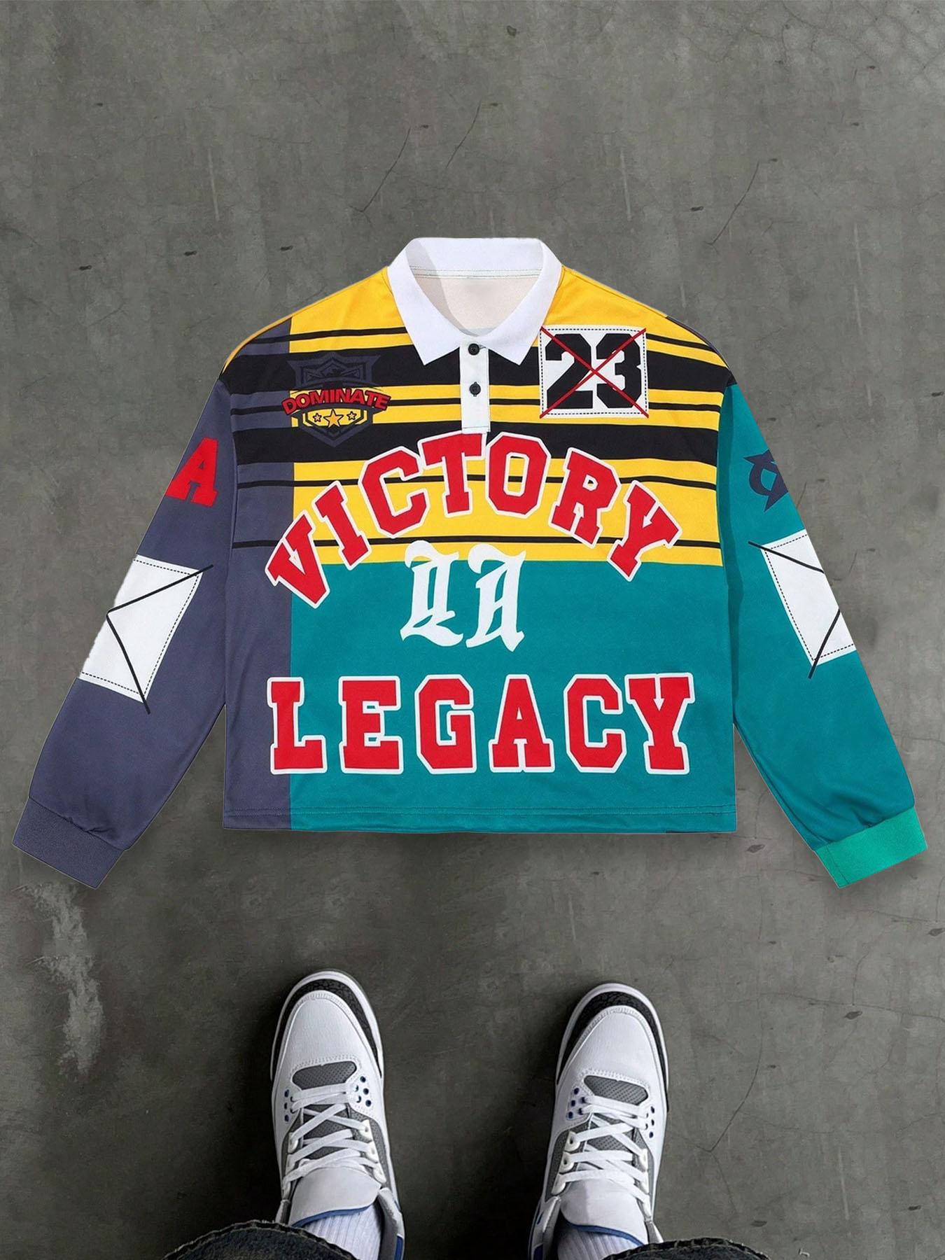 Men's Graphic & Letter Print Loose Fit Granddad Collar Polo Shirts, Sports Preppy Stylish Top For All Seasons, Men's Fall Outfits For Outdoors