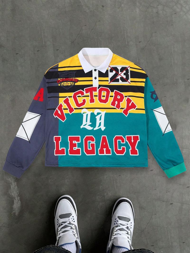 Men's Graphic & Letter Print Loose Fit Granddad Collar Polo Shirts, Sports Preppy Stylish Top For All Seasons, Men's Fall Outfits For Outdoors