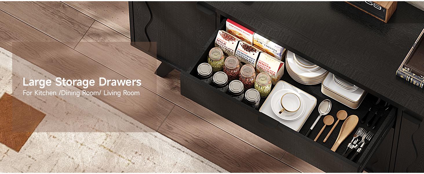 【Wavy Panel Design】ONBRILL 63" Sideboard Buffet Cabinet, Kitchen Buffet Storage Cabinet, Mid Century Modern Storage Cabinet with 4 Doors & Shelves, Wood Coffee Bar Console Wine Bar for Living Room, Kitchen,Hallway