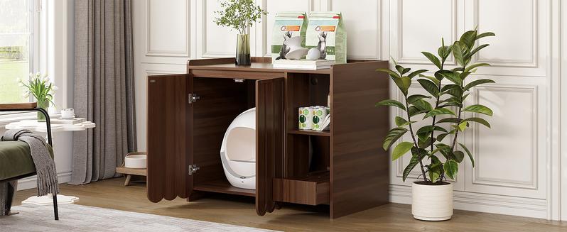 Vabches Large Cat Litter Box Enclosure, Hidden Litter Box Furniture with Removable Litter Collector & Dog-Proof Shelf, Modern Wooden Cat Litter Box Cabinet, Cat House, Side Table