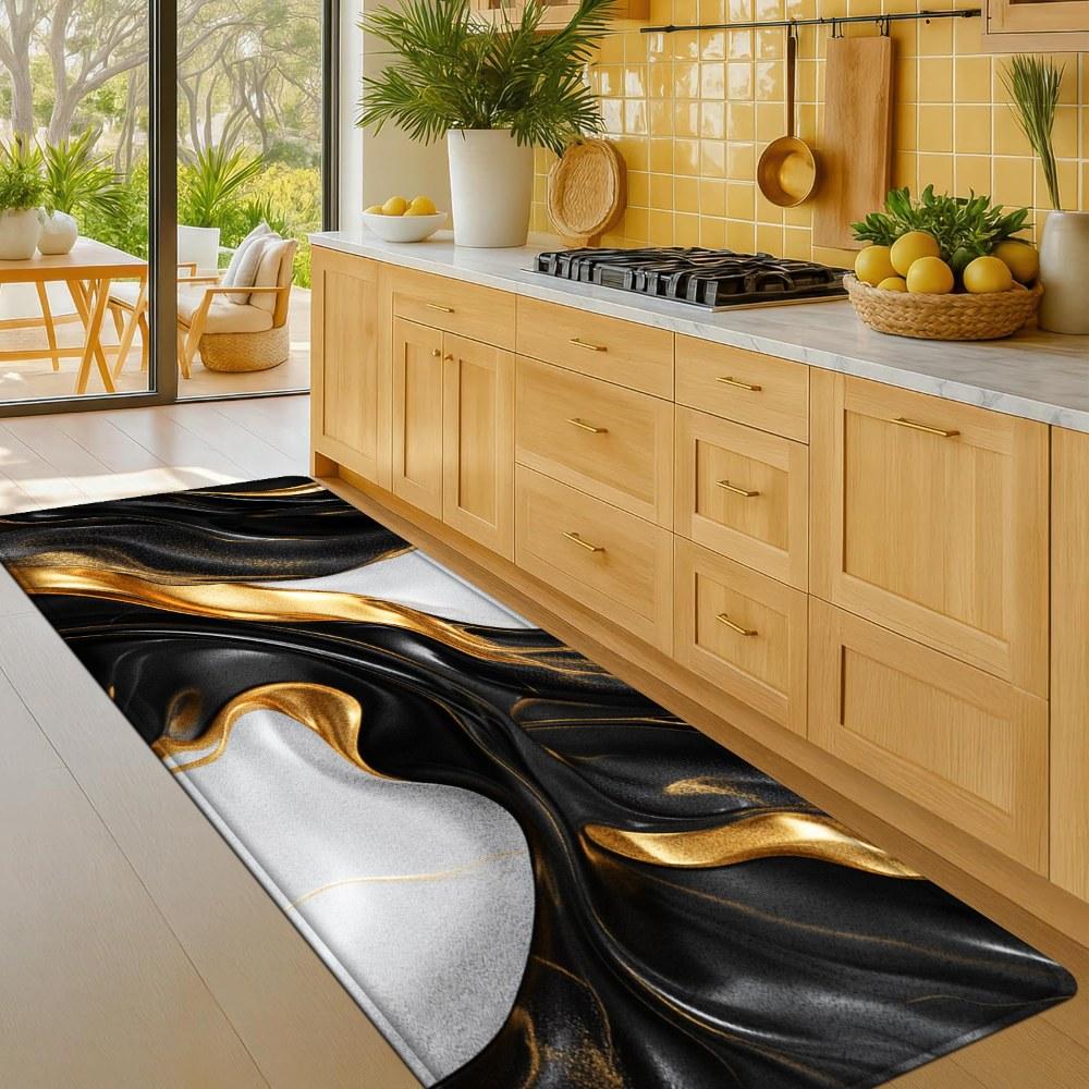 1PC， Black Gold White Fluid Texture Patterned strip rugs, home décor, bathroom mats, entryway mats, bathroom non-slip mats, indoor entrance rugs, bedroom bedside mats, kitchen mats, hallway rugs, flannel sponge rugs, hallway runner rugs
