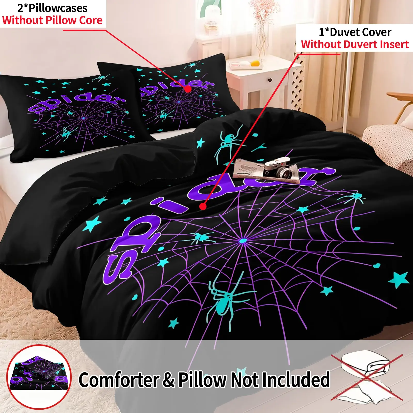 Black Base Spider Web Letter Spider Duvet Cover Set & 2 Pillowcases, Radiating Purple Spiderweb & Cyan Spider Star Print, Comfortable Easy Care Bedding, Sweet Cool Dark Style Teen Bedroom Halloween Theme Room Decor