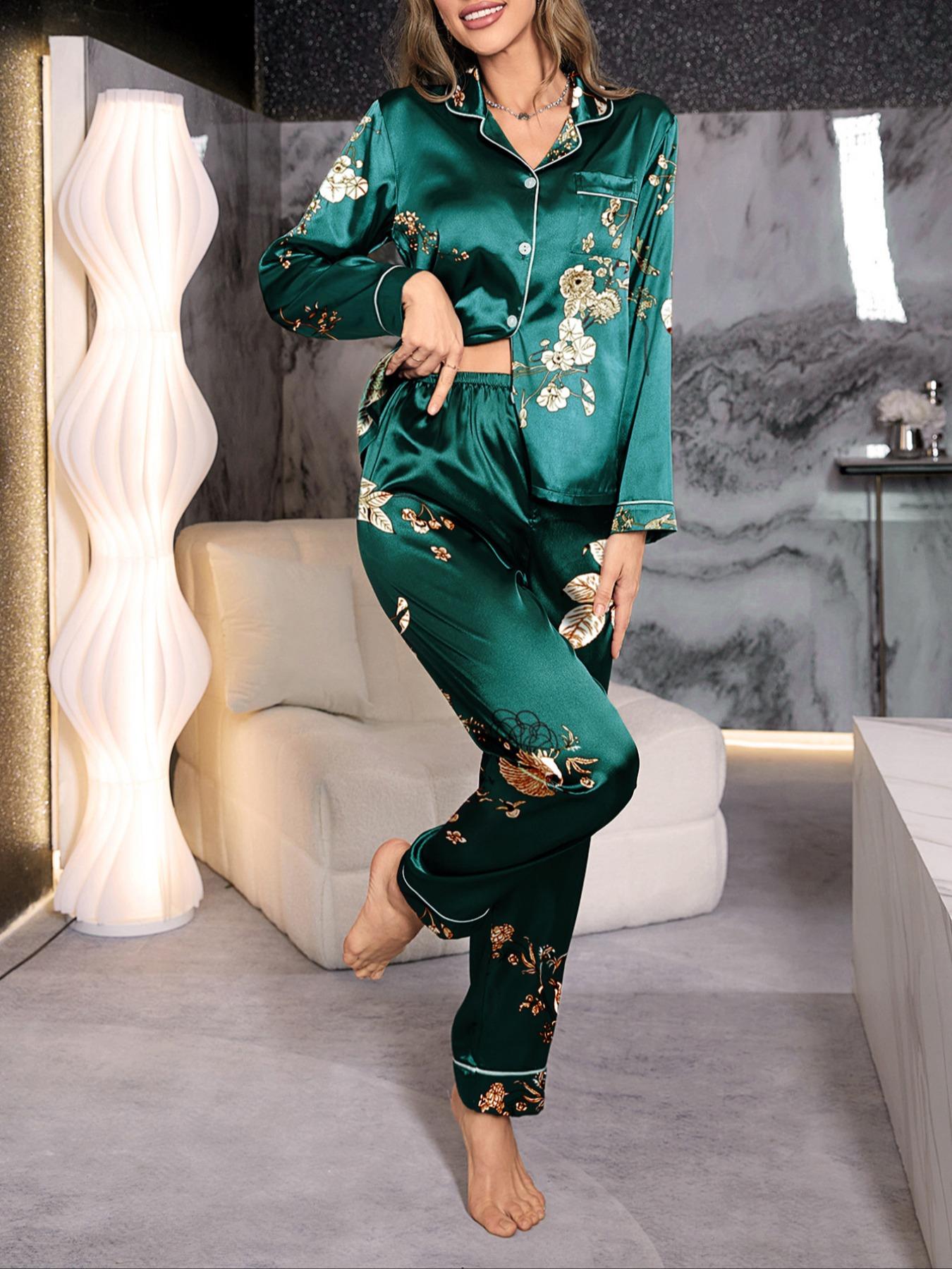 Elegant Women's Long Sleeve Floral Printed Lapel Pajama Set, Loungewear, Fitted Homeewear, All over Print, Casual Style, All Seasons