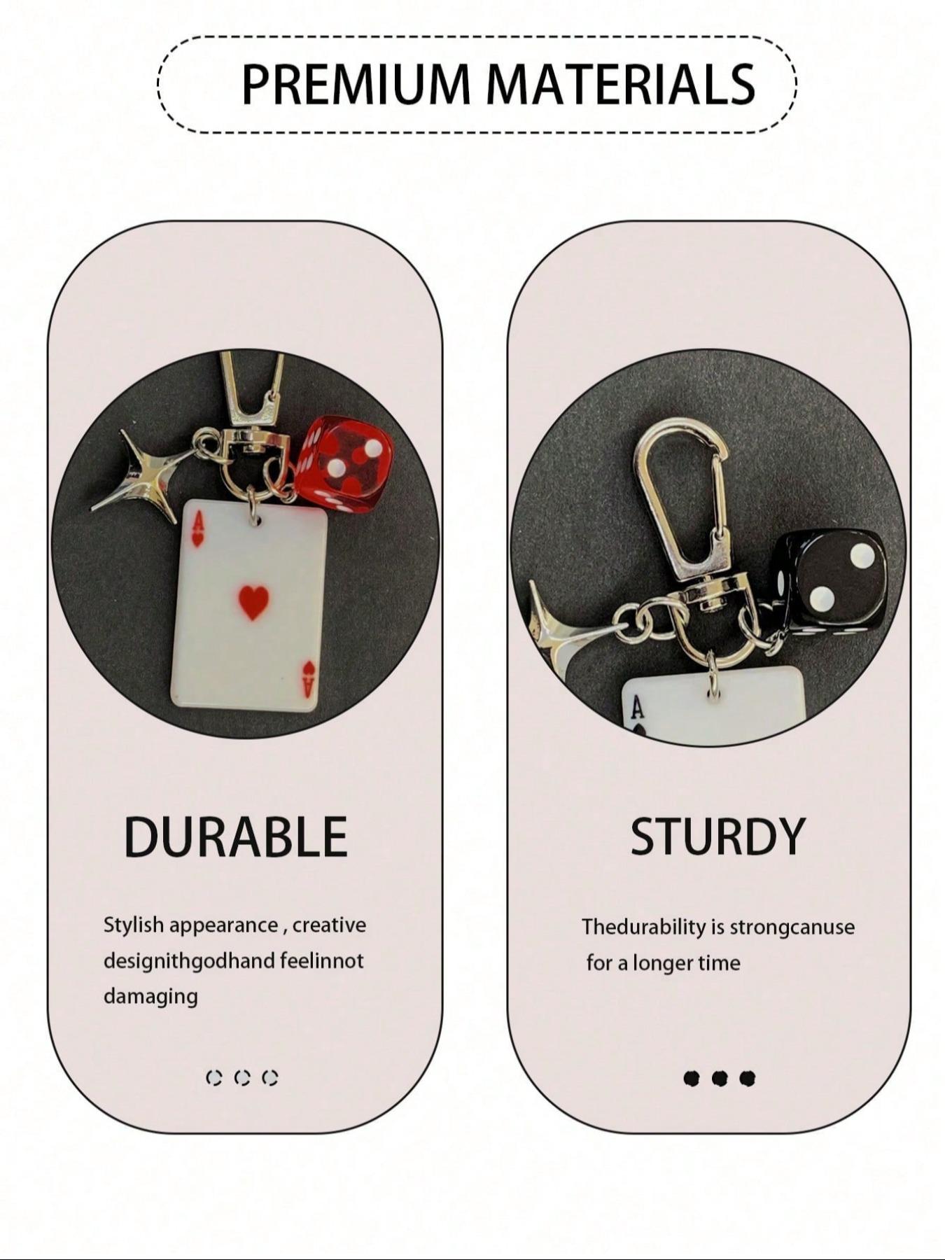 Playing Card & Dice Key Chain with Star Pendant, Spade Diamond Club Alloy Metal Keyring, Bag Charm, Car Keychain, Phone Strap, Keychain for Bags