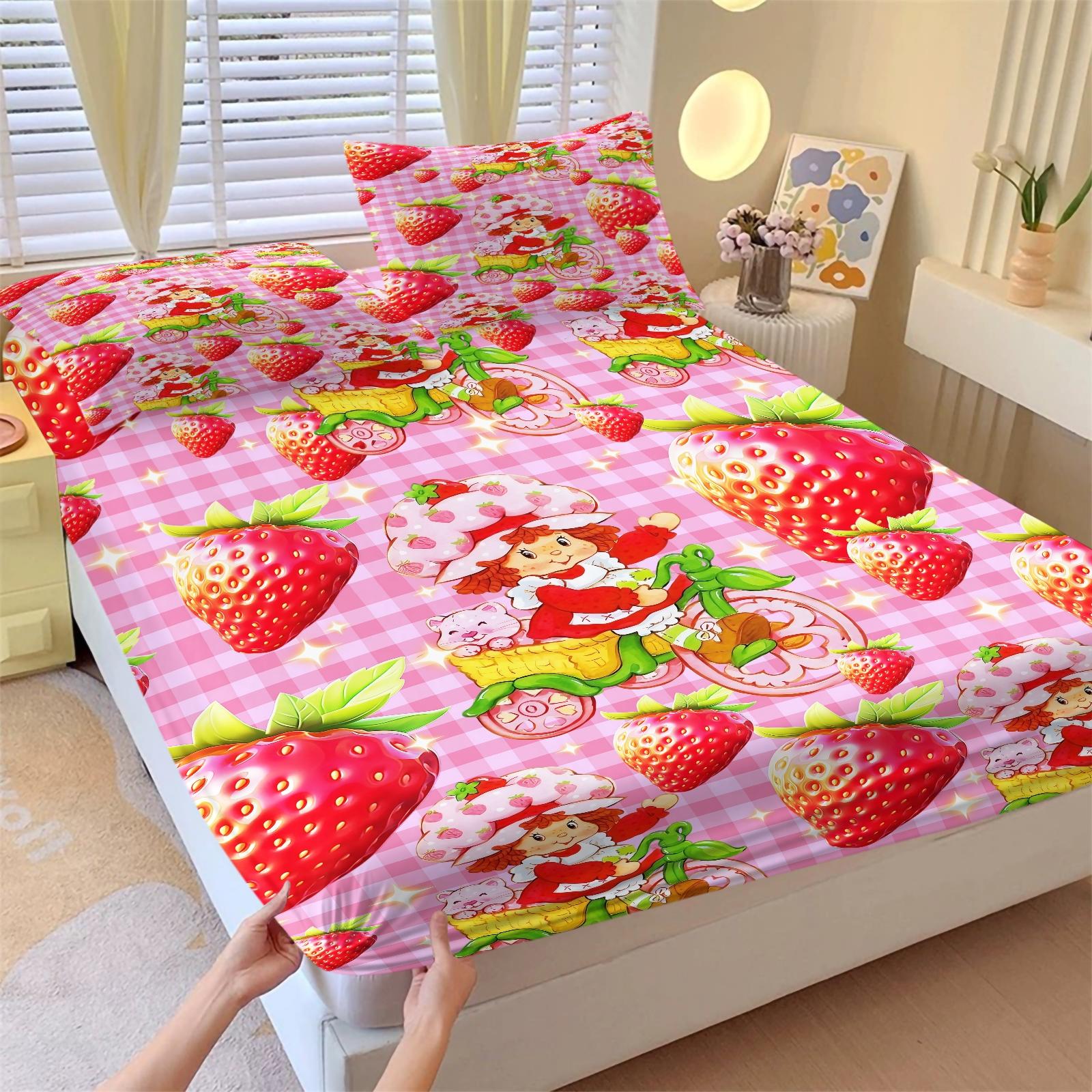 Anime Strawberry Girl Fitted Sheet Set, 1 Fitted Sheet + 2 Pillowcases - 3 Pcs Soft Breathable Bedding with Deep Pocket, 360° All-Round Wrap, Wrinkle Resistant, Cute Strawberry & Cat Cartoon Bed Sheets for Girls, Full Size