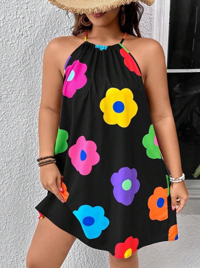 Women's Summer Short Dress, Sunflower Floral Print Loose Fit Casual Halter Maxi Dress, Plus Size Fashion Clothing