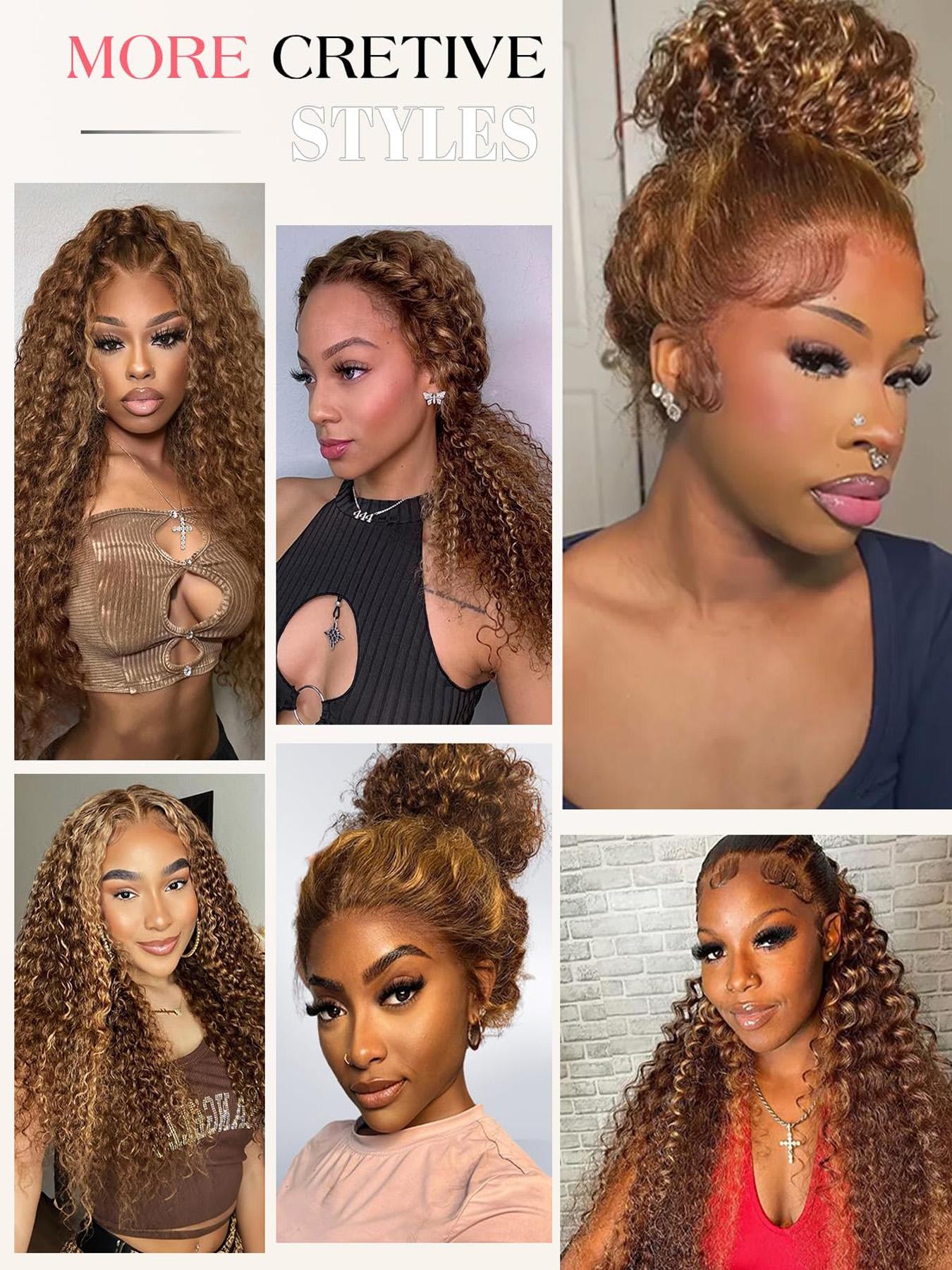 Invisible Drawstring 360 Full Lace Wig Glueless Kinky Curly Human Hair Wigs Hidden Adjustable Strap P4/27 Highlight Transparent Lace Frontal Wig Pre-Plucked With Baby Hair Can Make Ponytail And Bun Multicolor For Women Deep Curly