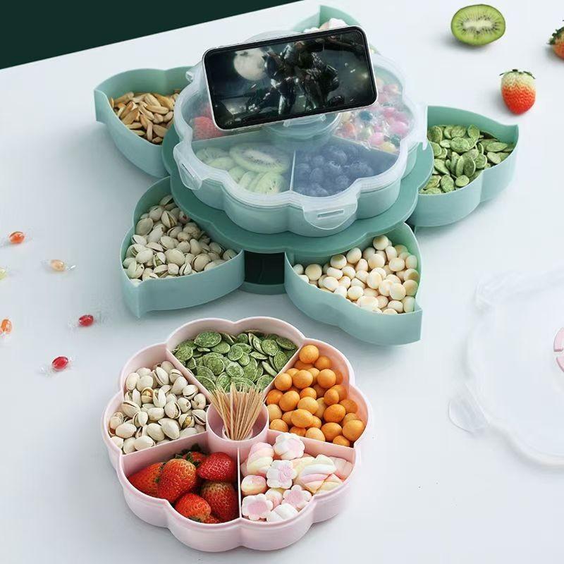 Rotating Divided Snack Tray - a Rotating Compartmentalized Food Storage Box with Multiple Sections, Featuring a Lid for Storing Snacks Like Chips, Nuts, Dips, And Vegetables