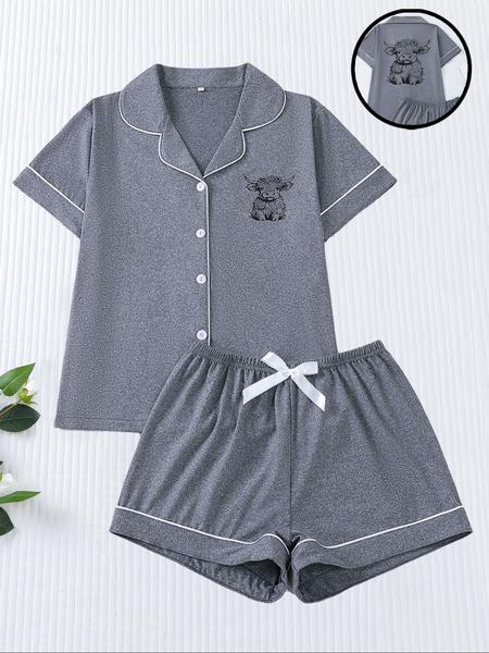 Cute Cow Print Women's Pajama Set, Comfortable Short Sleeve Button Shirt & Elastic Shorts, Casual Home Wear for All Seasons