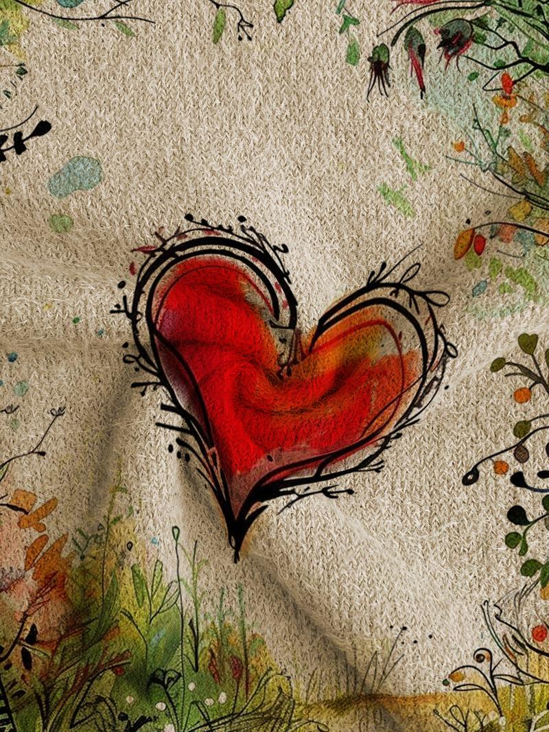 Women's Heart Print Stand Collar Sweater, Fall Winter Casual Long Sleeve Knitwear, Comfortable Warm Daily Wear, Elegant Design